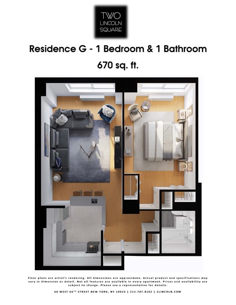 Floor plan for 1 bed, 1 bath, 670 sqft